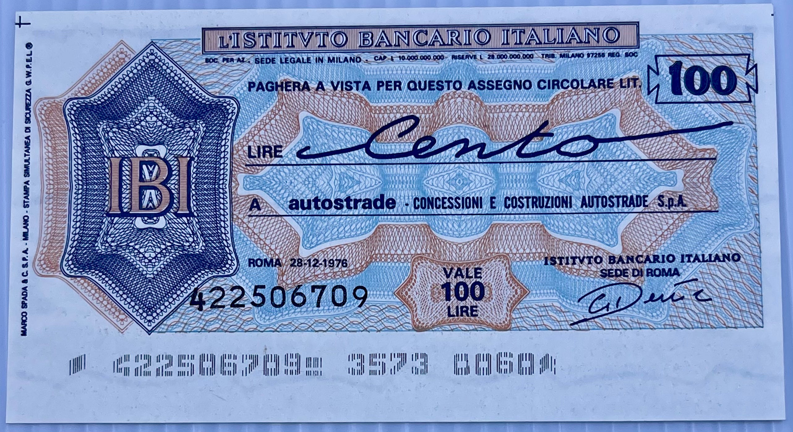 Italy 1976 100 Lire P-G 1372.4.3 Banca di Credito Agrario di Ferrara - Autostrade PNL AU Banknote